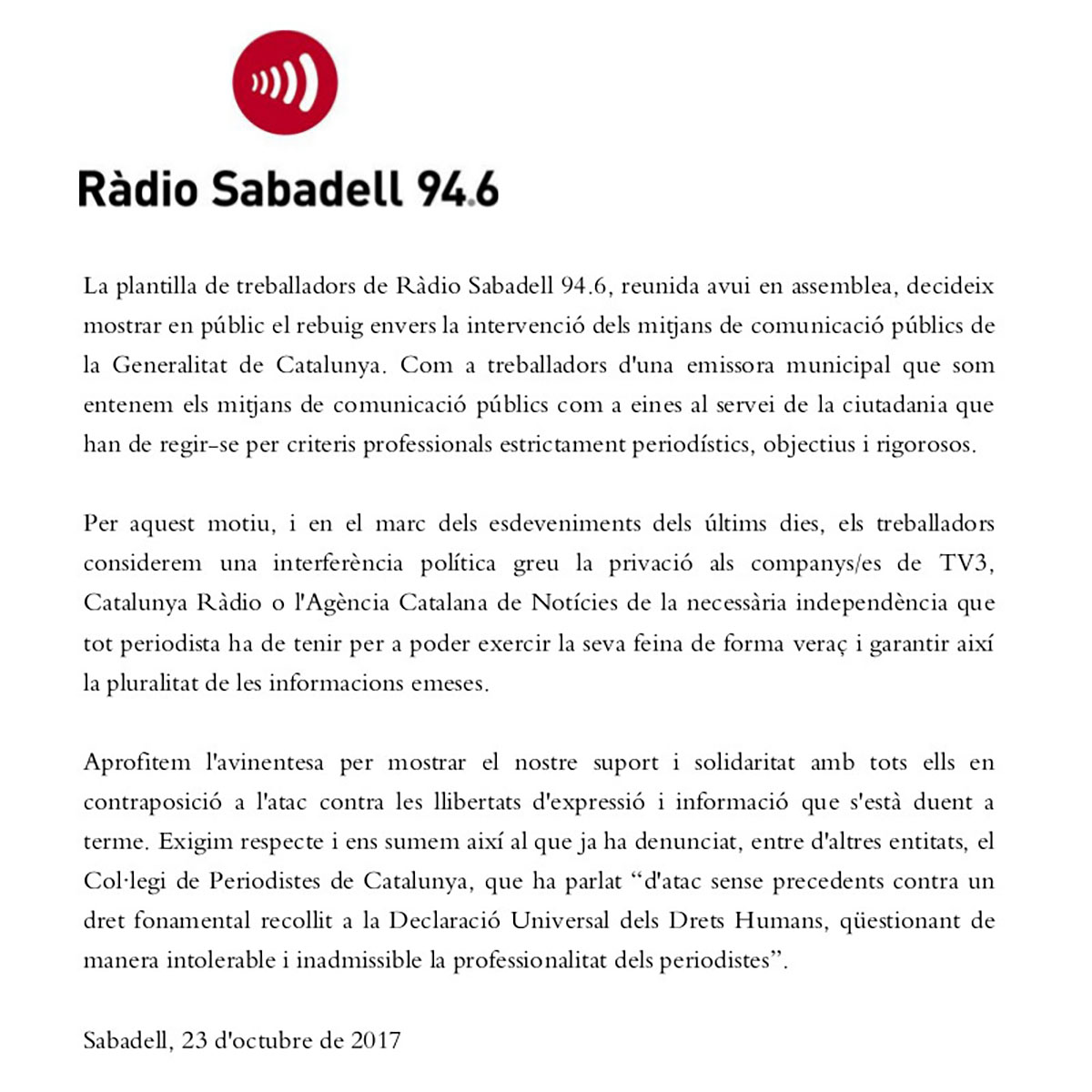 Comunicat complet emès avui per la plantilla de Ràdio Sabadell