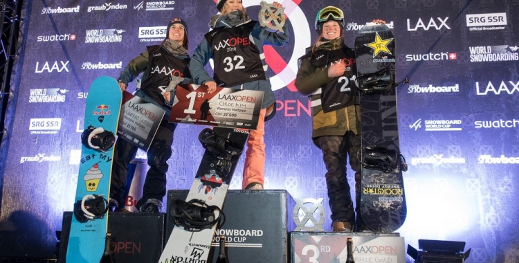 Castellet (esquerra) dalt del podi de Laax acompanyant Chloe Kim i Arielle Gold | Red Bull