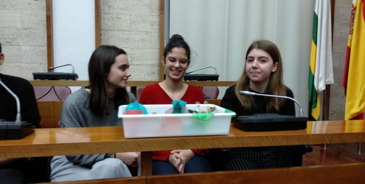 Les tres alumnes al Ple de l'ajuntament