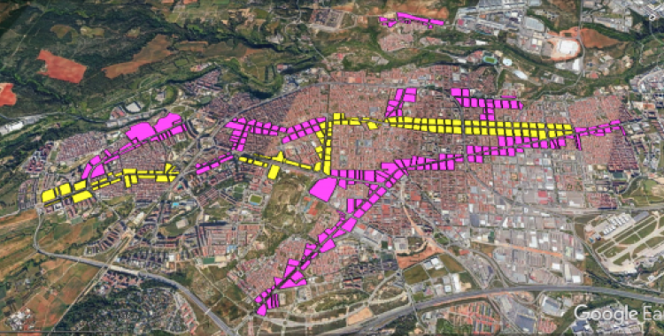 En groc, els nous eixos cívics i en lila els actuals eixos comercials de Sabadell | Junts per Sabadell