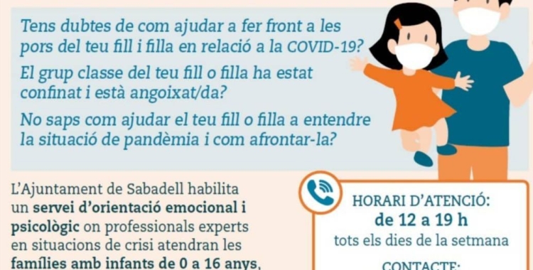 Es reactiva el servei d'orientació emocional i psicòlogic  fins el 19 de desembre per ajudar i acompanyar les famílies  en la situació actual de pandèmia