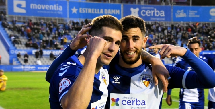 Els dos màxims golejadors del Sabadell, Kaxe i Jacobo, celebrant un gol | CES