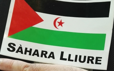 Enganxina amb la bandera de la República Àrab Sahrauí Democràtica. Foto: twitter de Juli Fernández