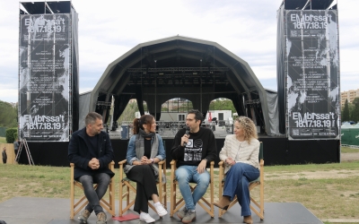 Carles de la Rosa, Marta Farrés, Arnau Solsona i Kattia Botta avui a la roda de premsa a l'Amfiteatre del Parc 