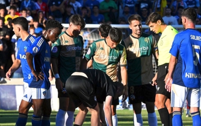 Un moment del partit de lliga entre el Lleida i el Sabadell