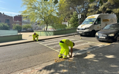 Treballadors pintant el zebrejat del carrer | Anna Clarà