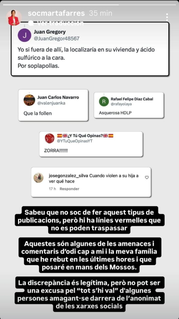 Story penjada per Marta Farrés on ensenya les amenaces que ha rebut